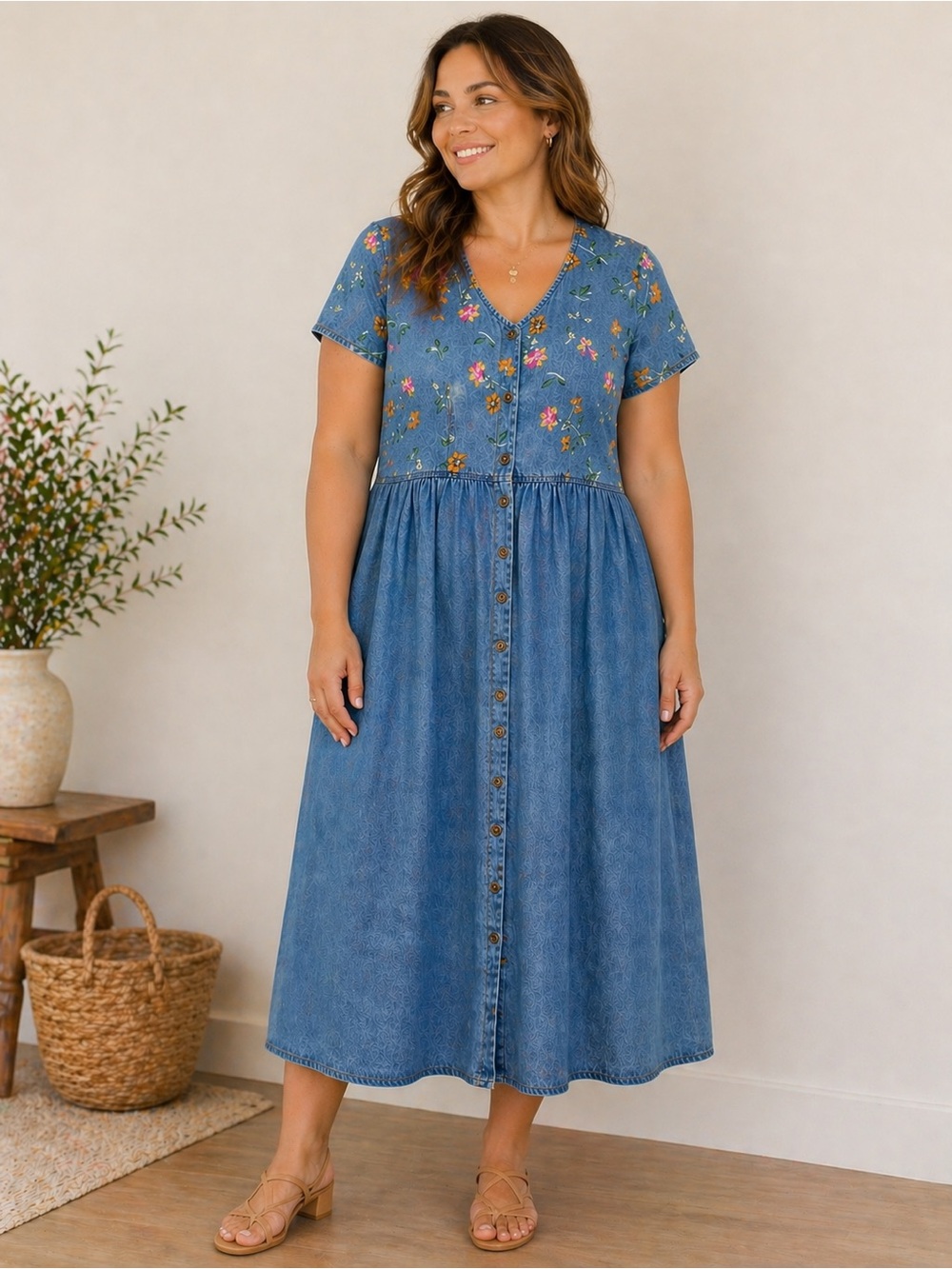 1980s Vintage Hand Painted Denim Midi Dress Short Sleeve Button Front Size 16